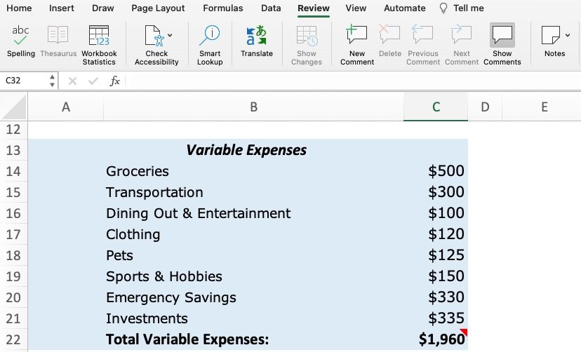 Screenshot of variable expenses