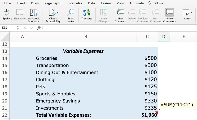 Screenshot of variable expenses with formula showing