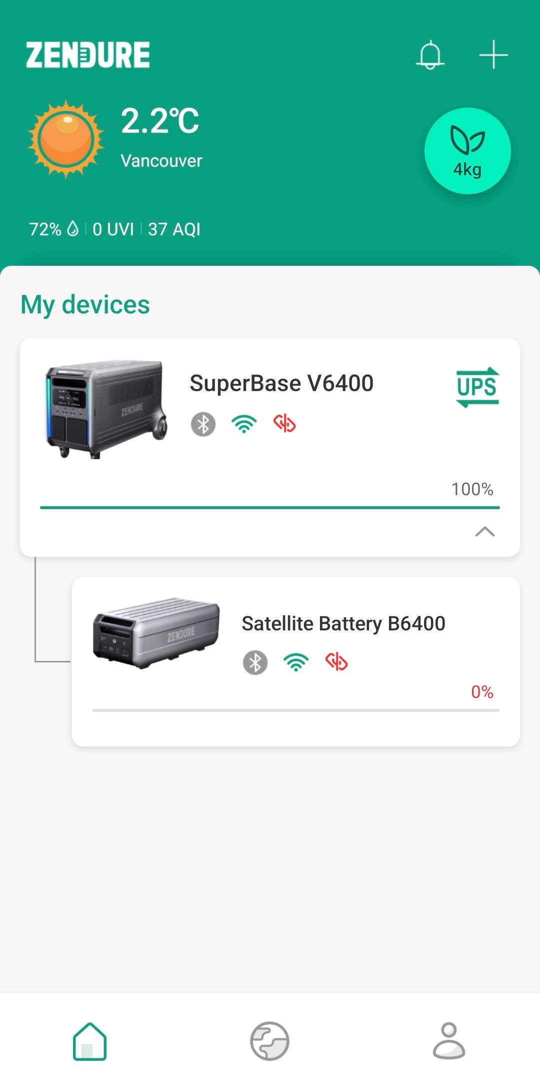 Zendure App My Devices SuperBase V6400 With Associated Satellite Battery B6400 Both Active