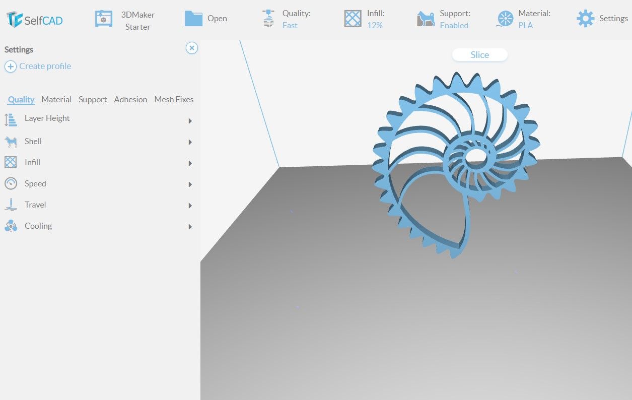 A 3D model of a gear opened in SelfCAD slicer ready for 3D slicing