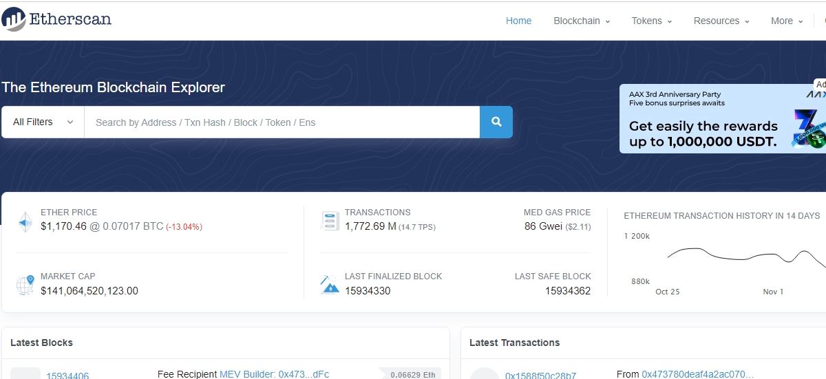 a screenshot of the etherscan home page