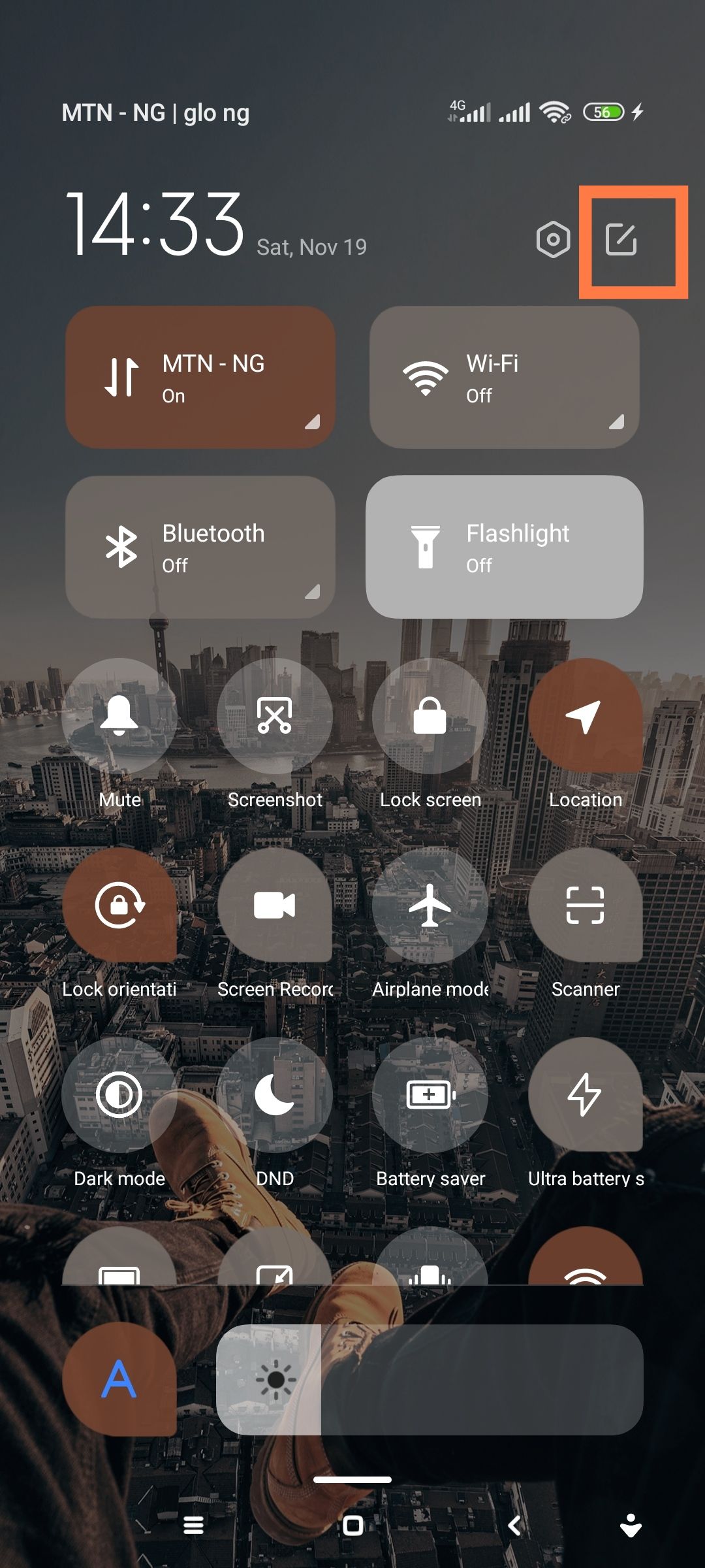 Edit button on Android quick settings menu