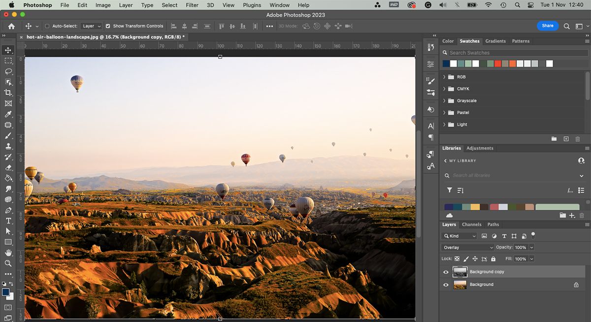 Muted colors on landscape photo in Photoshop.