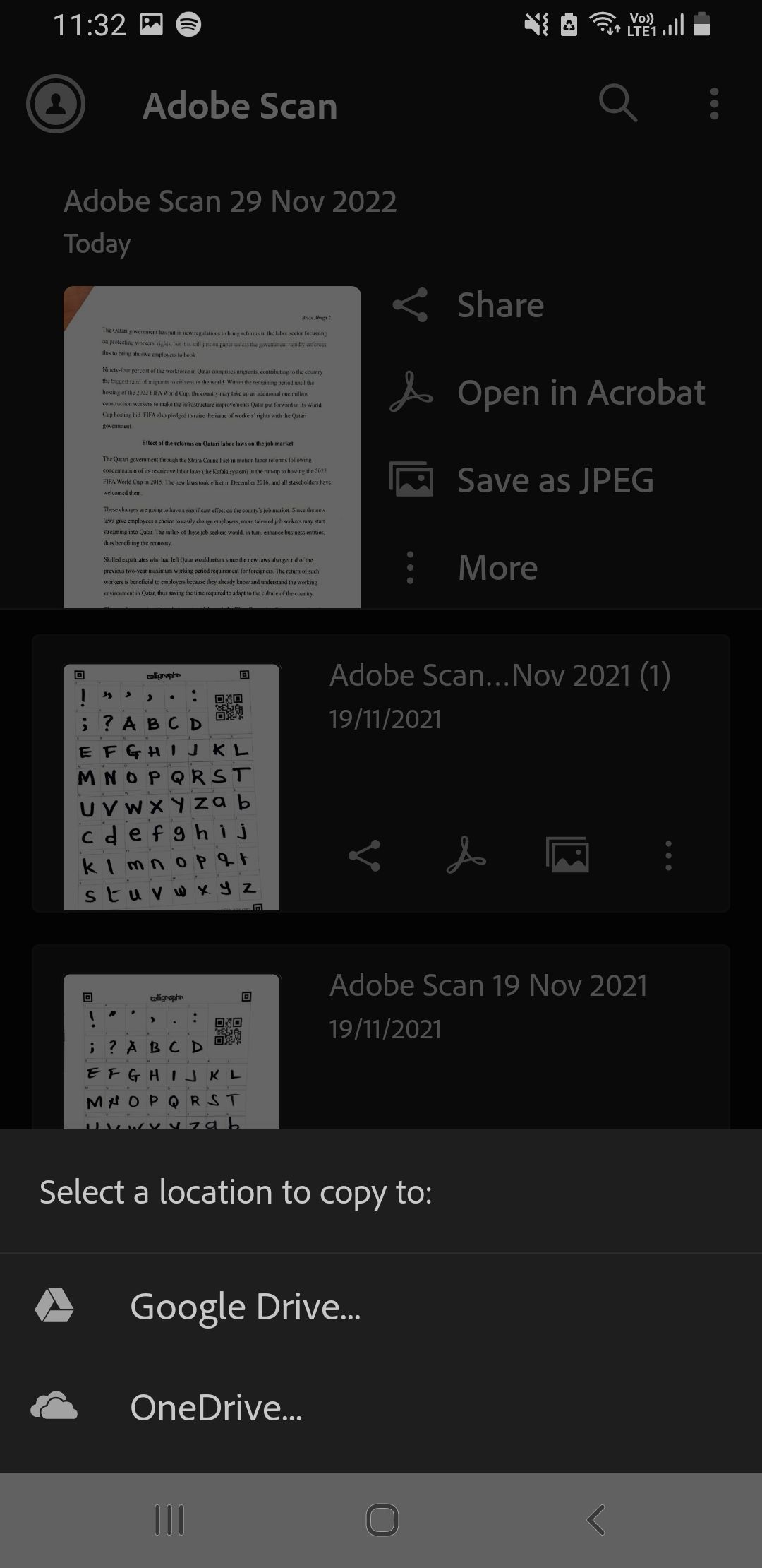 Adobe Scan menu options