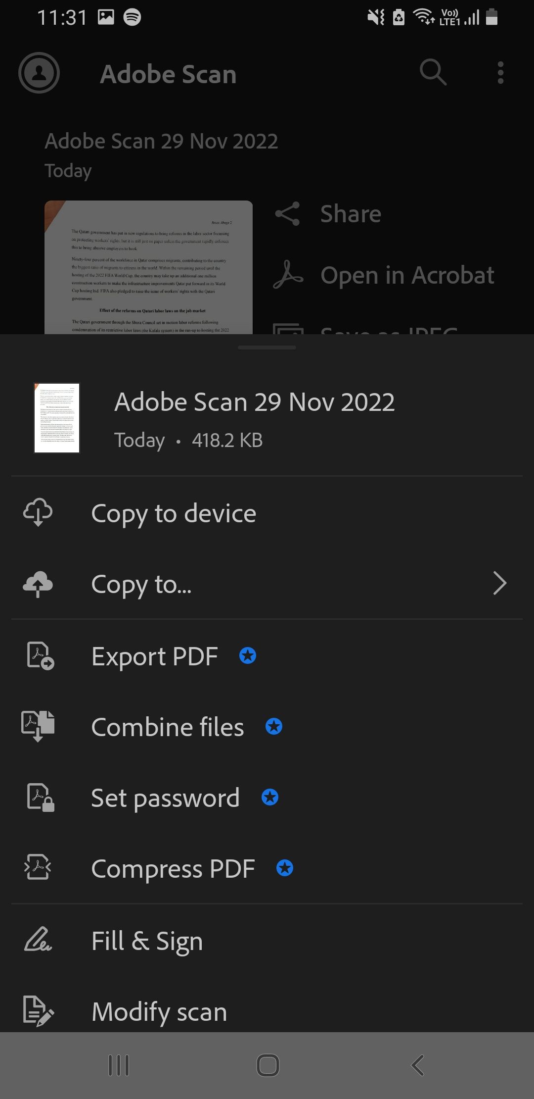 Options menu on Adobe Scan