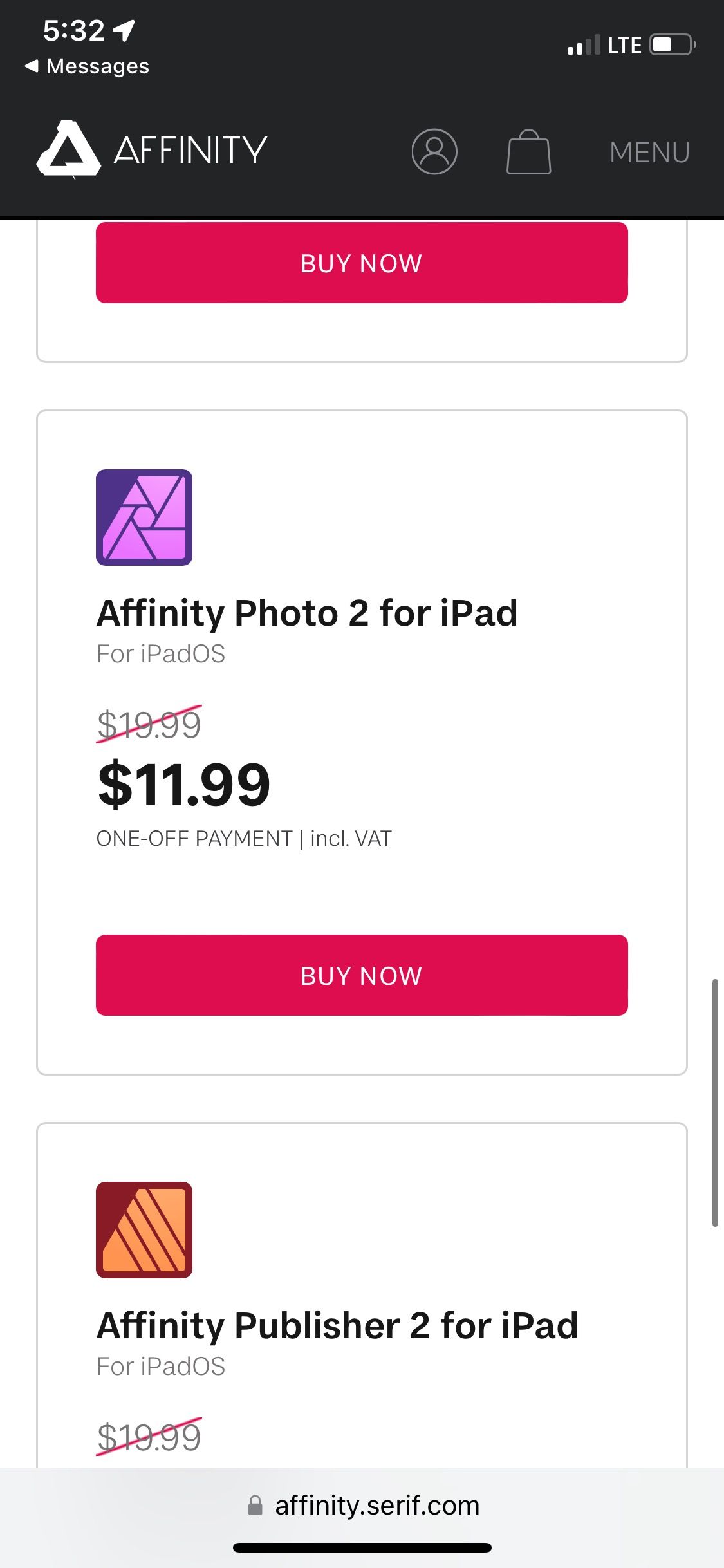 اسکرین شات موبایل صفحه خرید Affinity Photo 2 برای iPad.