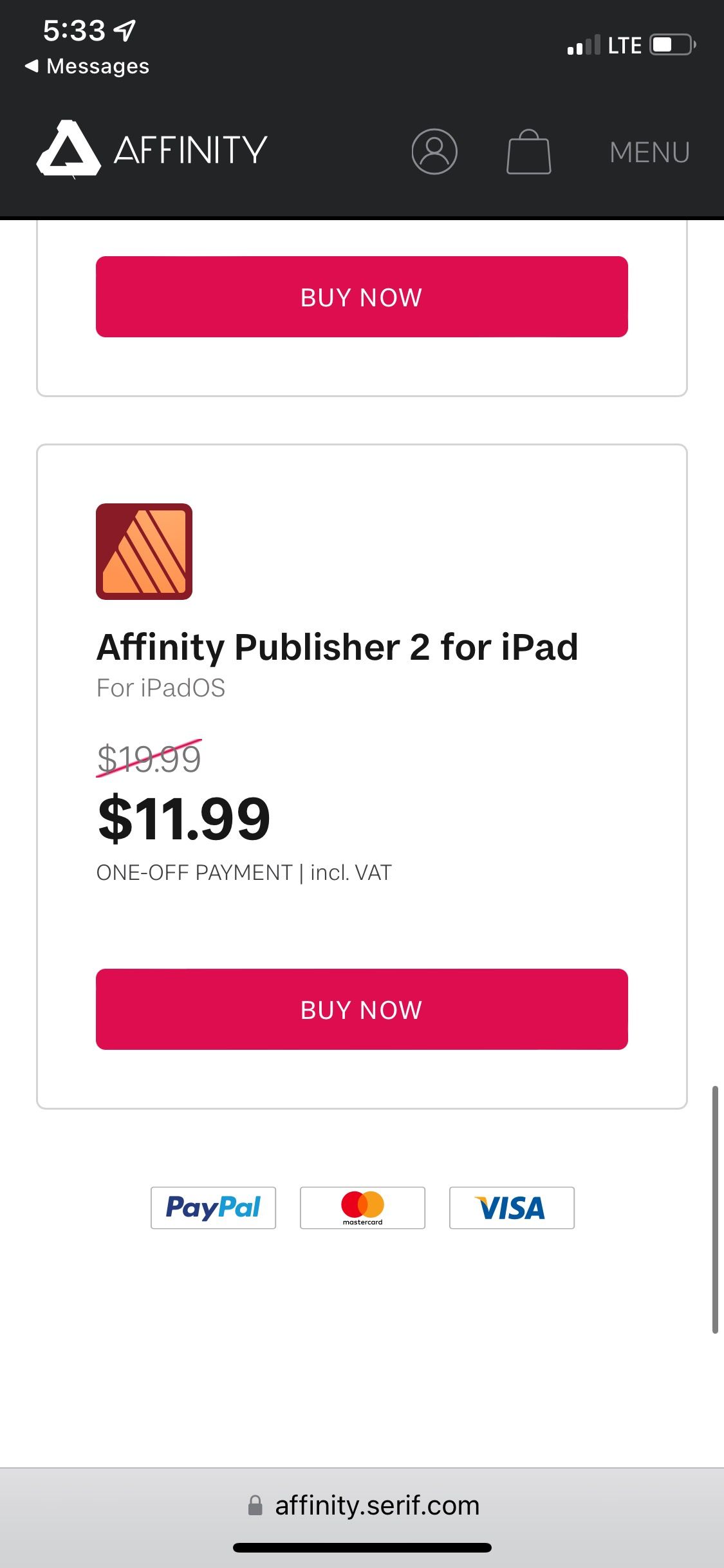 اسکرین شات موبایل صفحه خرید Affinity Publisher 2 برای iPad.