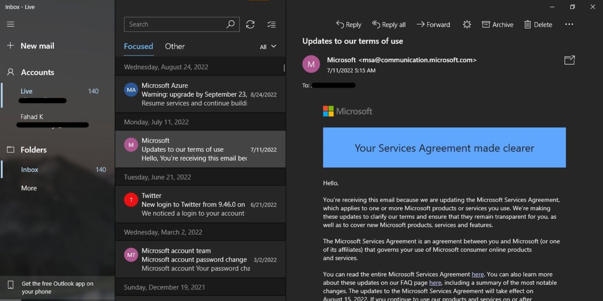 Email dashboard in the Windows mail app