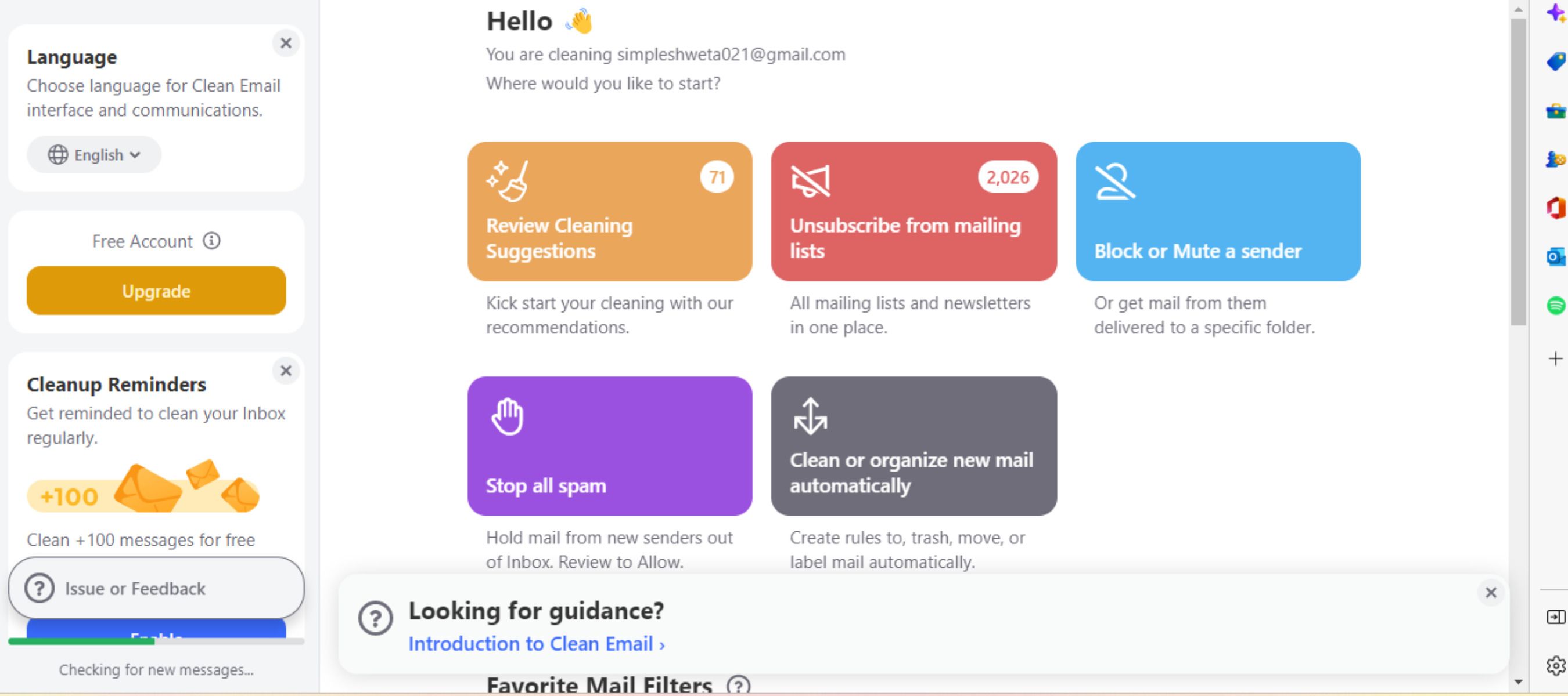 Features and dashboard in the Clean Email app