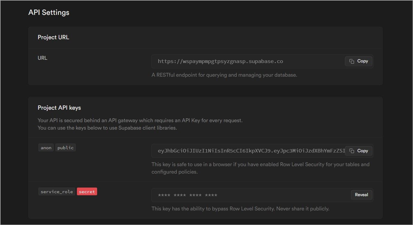 Screenshot showing Supabase project API keys