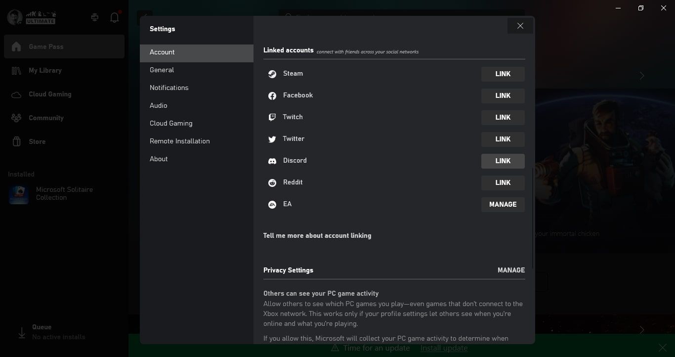 Uma captura de tela da página da conta do aplicativo Xbox do Windows com o Link realçado 
