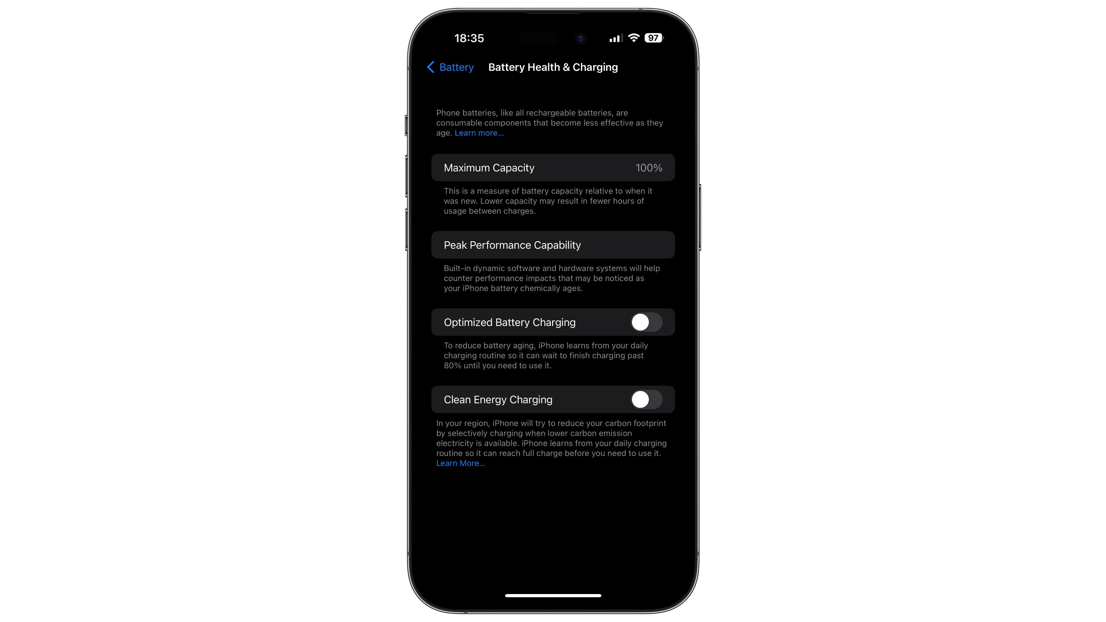 iPhone screenshot of battery settings in iOS 16