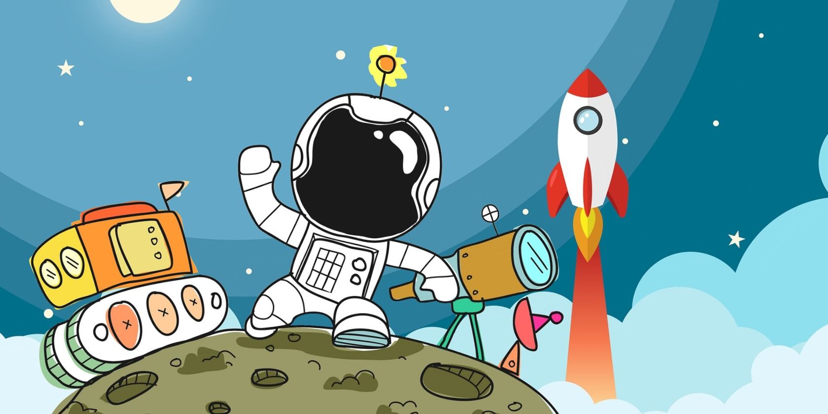 cartoon of an astronaut on the moon, with rocket, telescop, and a tracked vehicle