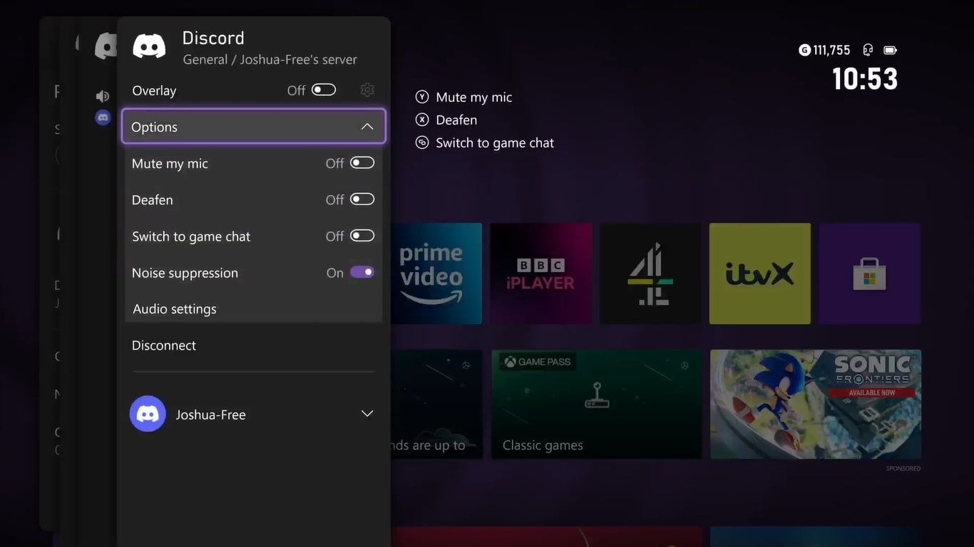 Uma captura de tela das opções de áudio disponíveis para um canal de voz Discord em um Xbox Series X