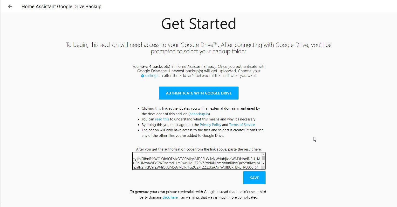 authorize home assistant google drive backup service