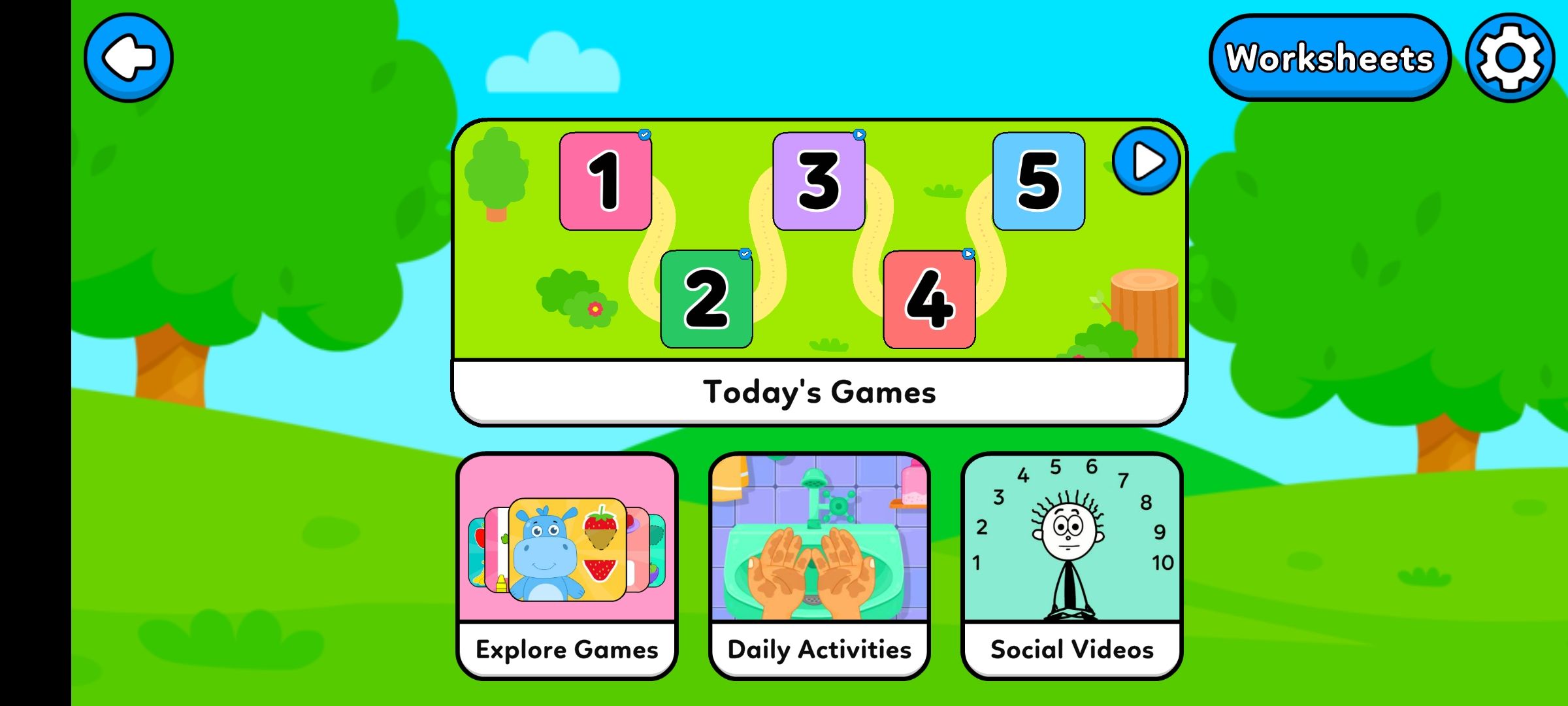 AutiSpark Home Screen with activities for games and worksheets