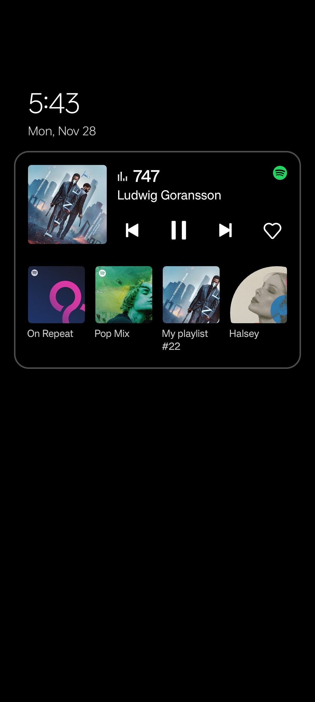 Expanded music tile on the Always On Display with quick actions