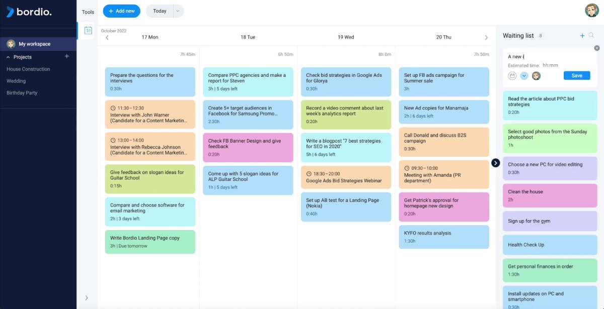 Bordio regroupe vos tâches et vos événements dans un tableau basé sur un calendrier pour planifier votre liste de tâches dans votre vie