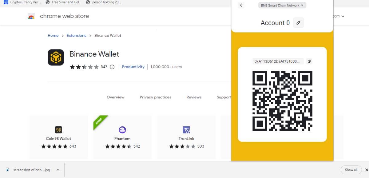 binance chain wallet showing address and qr code for depositing bnb