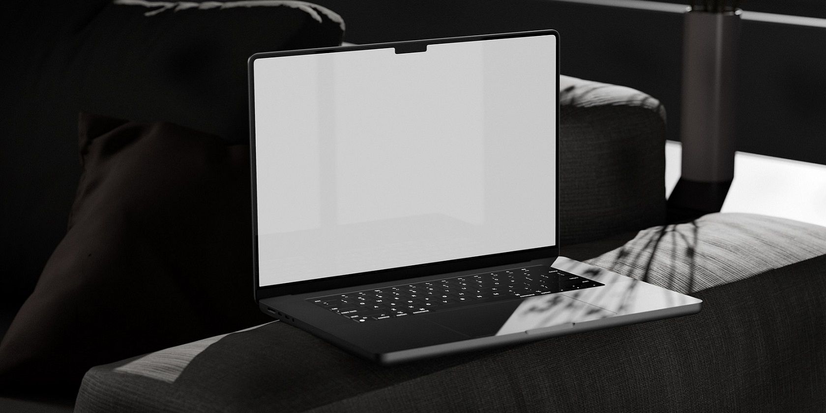 A black-and-white laptop image