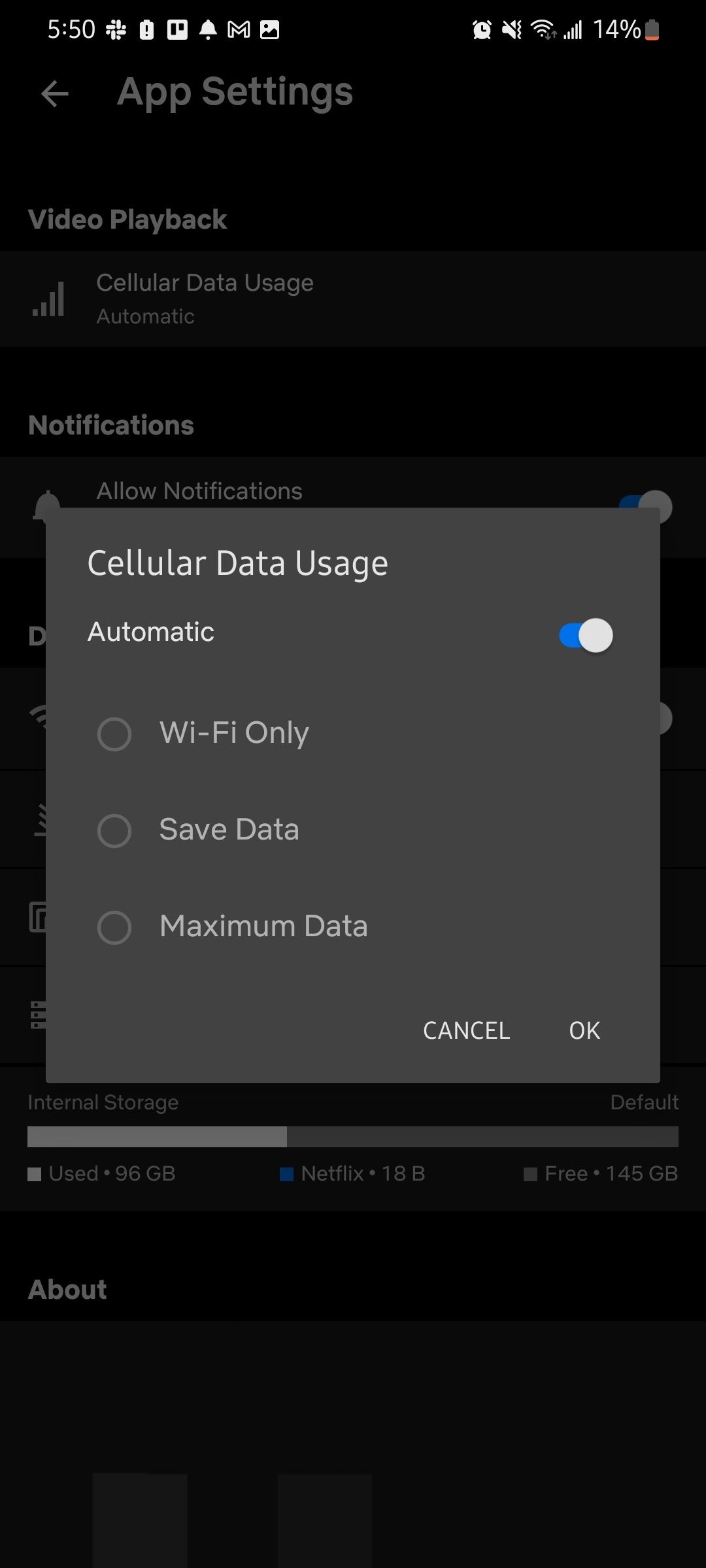 cellular data usage settings in netflix mobile app