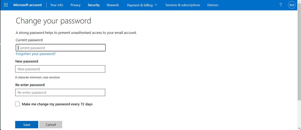 Change Microsoft account password