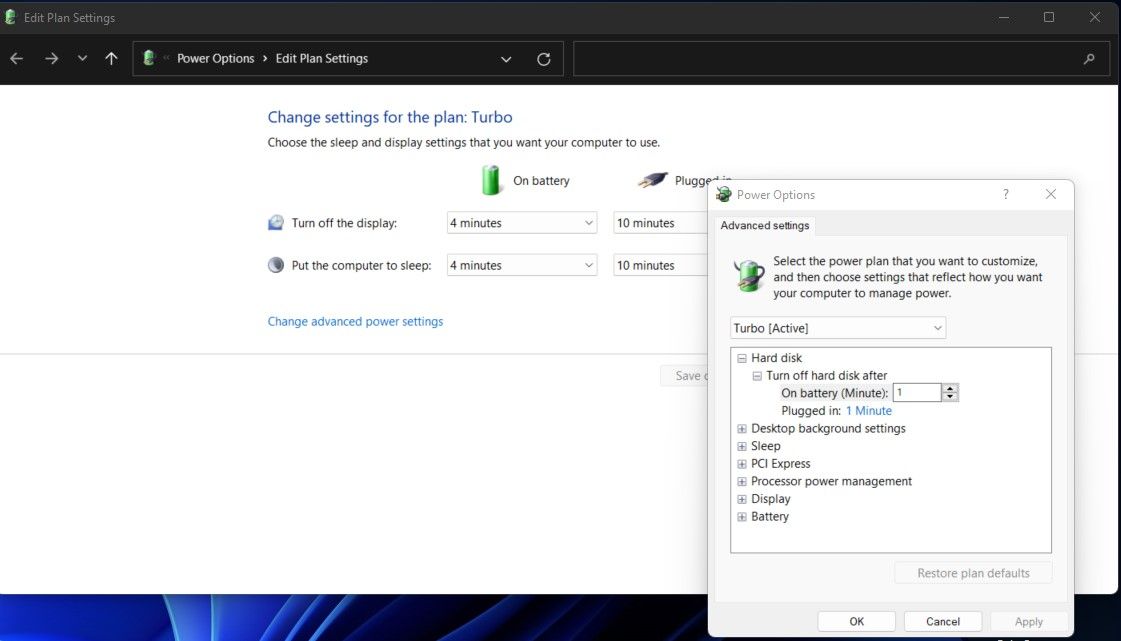 changing advanced power settings in Windows 