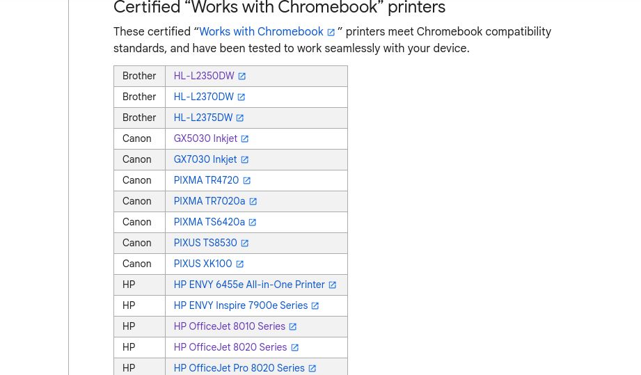 List of printer manufacturers certified for use with Chromebook