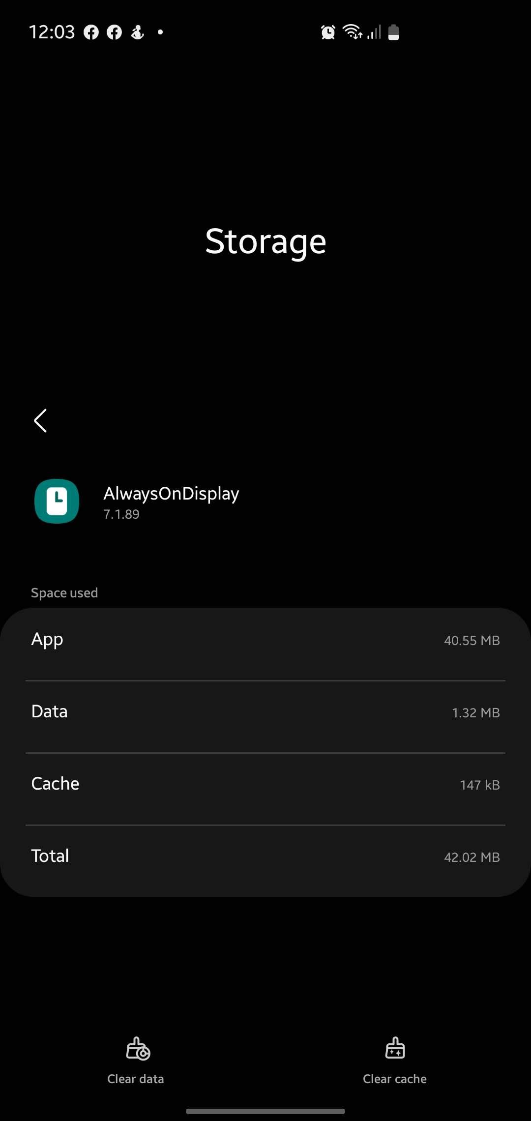 Storage info for Always On Display app on Samsung Phone