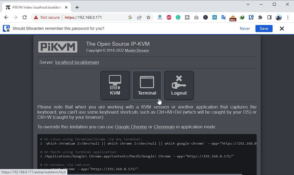 روی گزینه terminal در pi-kvm کلیک کنید