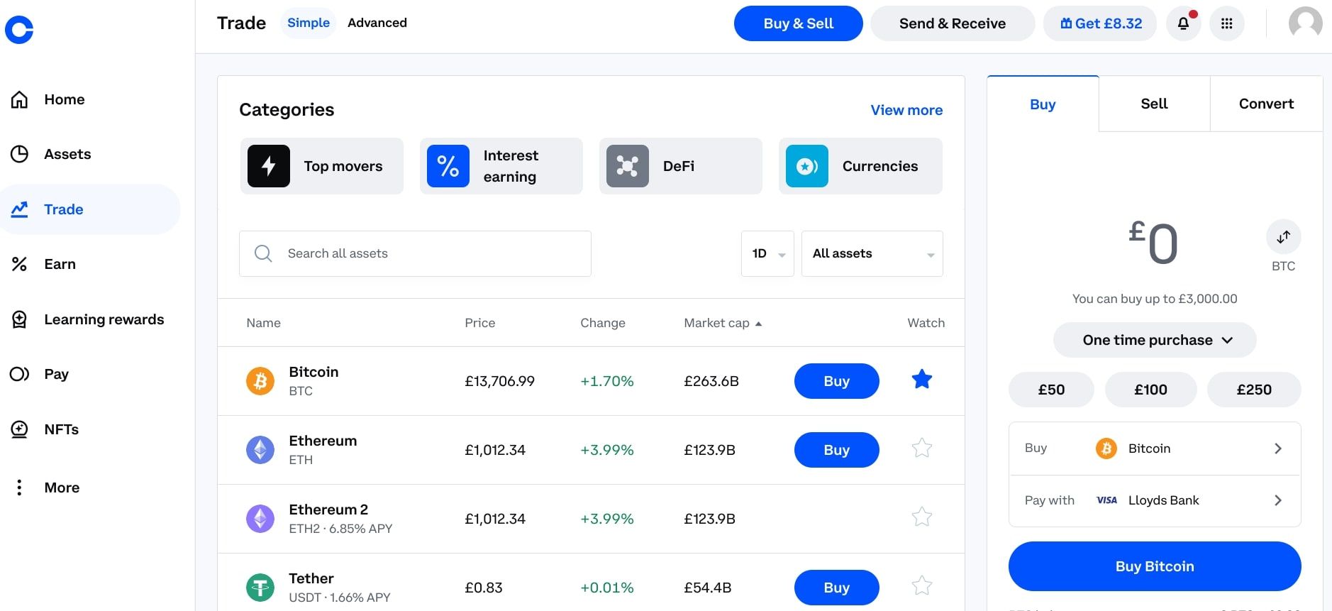 coinbase exchange trading page screenshot