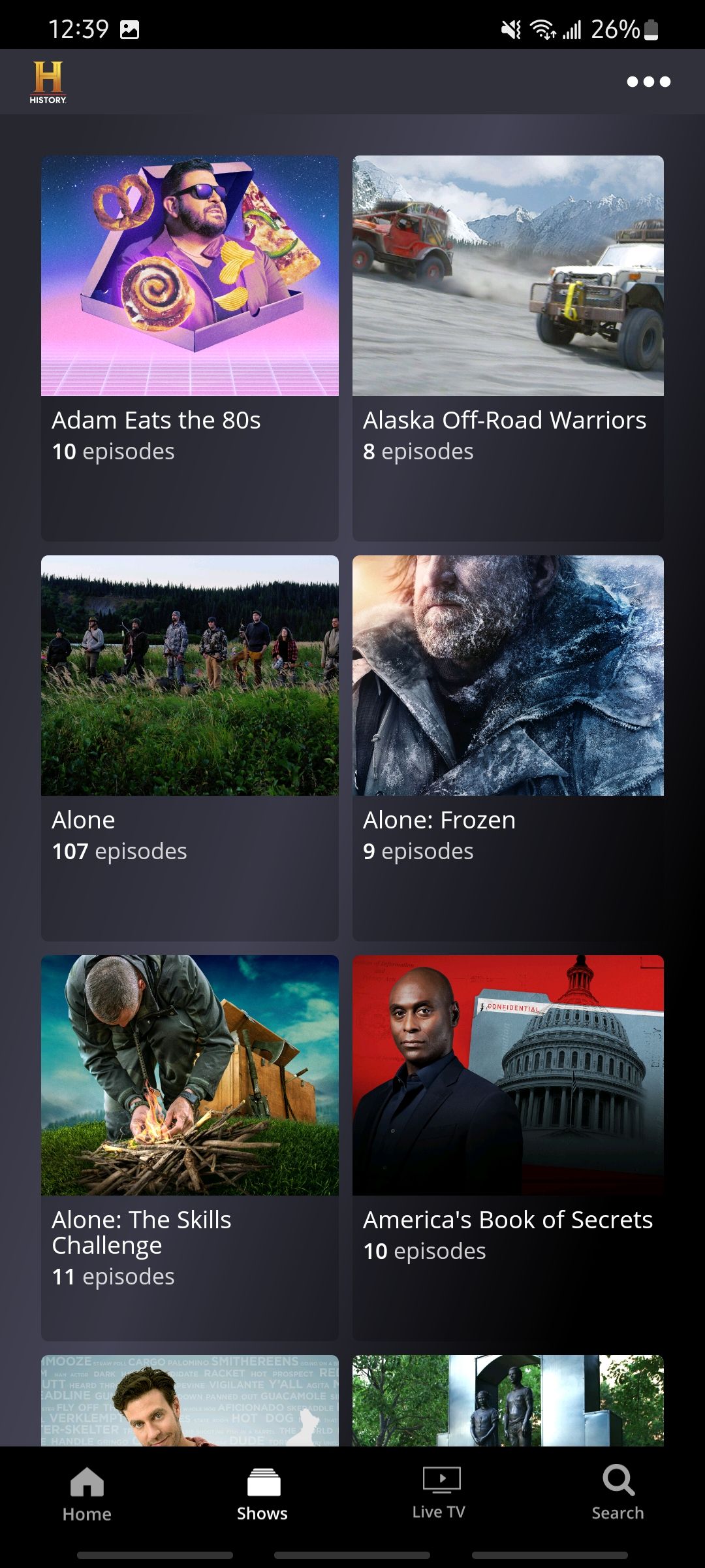contents on the shows tab on history channel mobile app