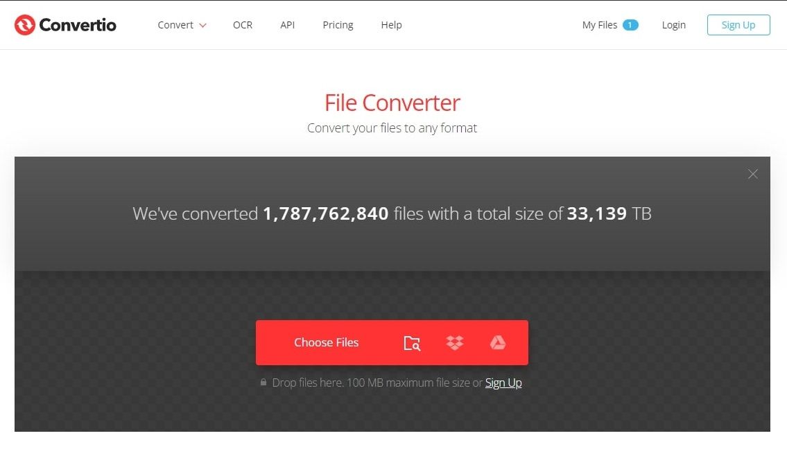 صفحه اصلی وب سایت Convertio با شمارنده تبدیل فایل