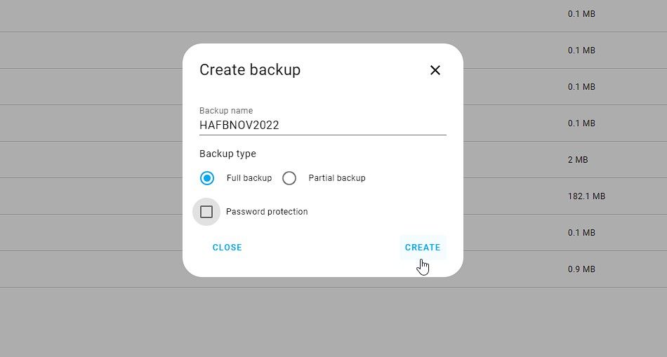create manual backups in home assistant server