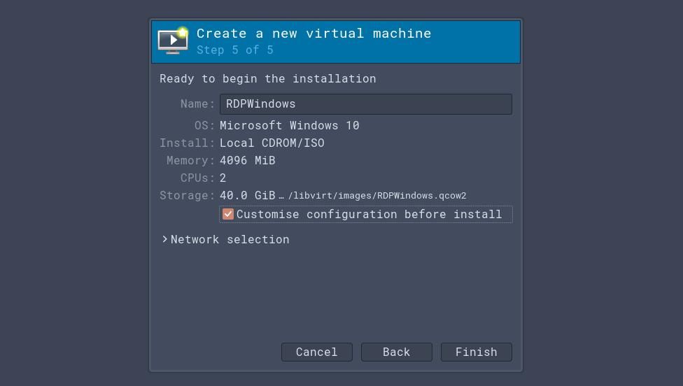 create new VM dialog