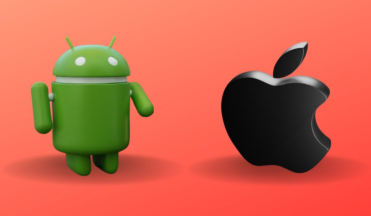 Android and Apple logos seen on red background 