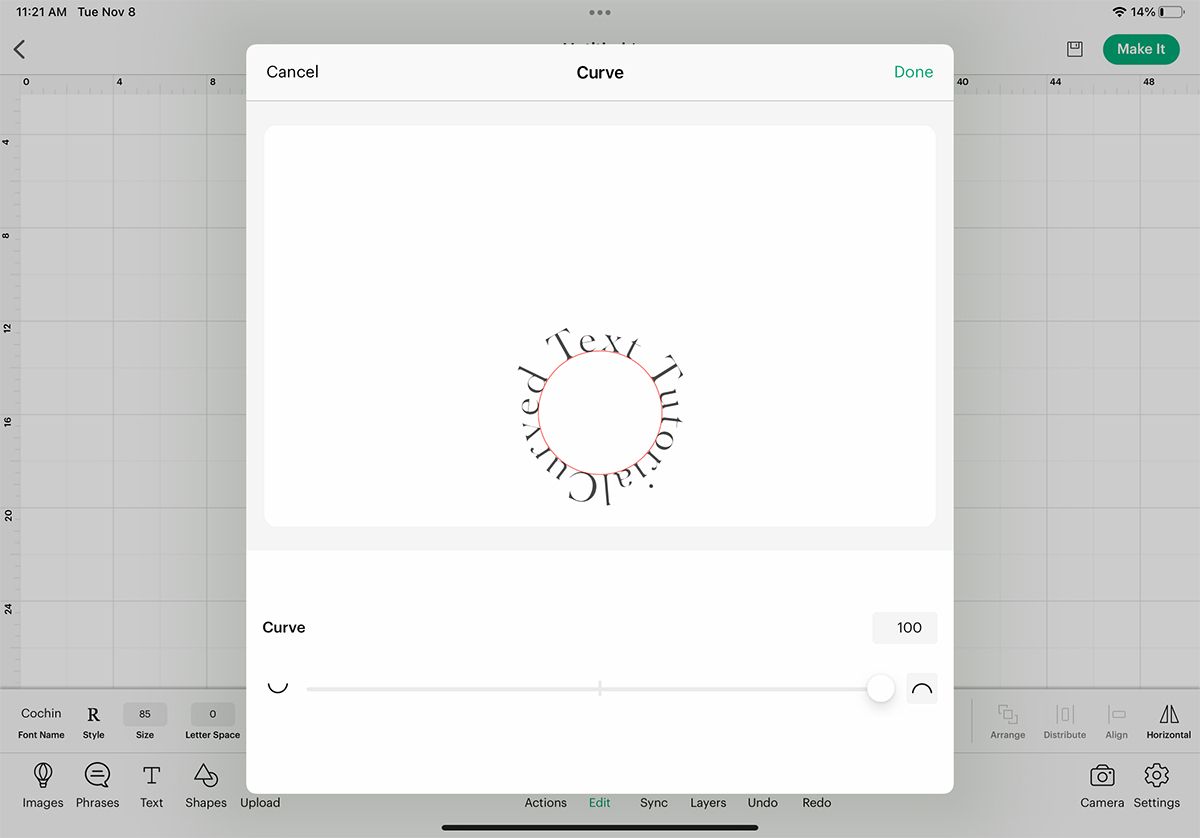 Curved text in a circle using Cricut Design Space app.
