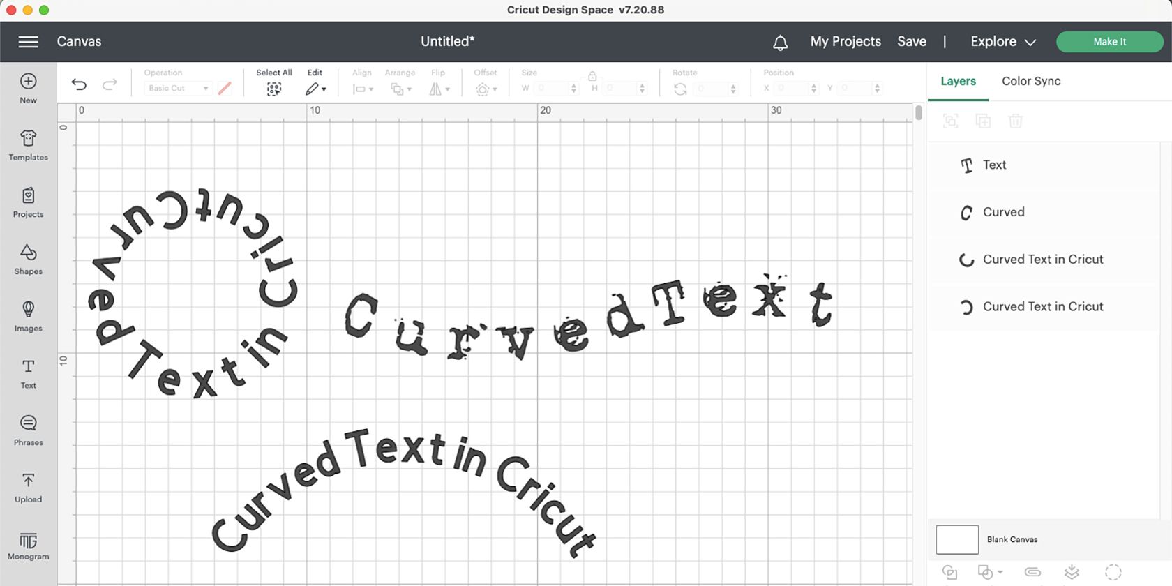 Cricut Design Space app with various curved texts.