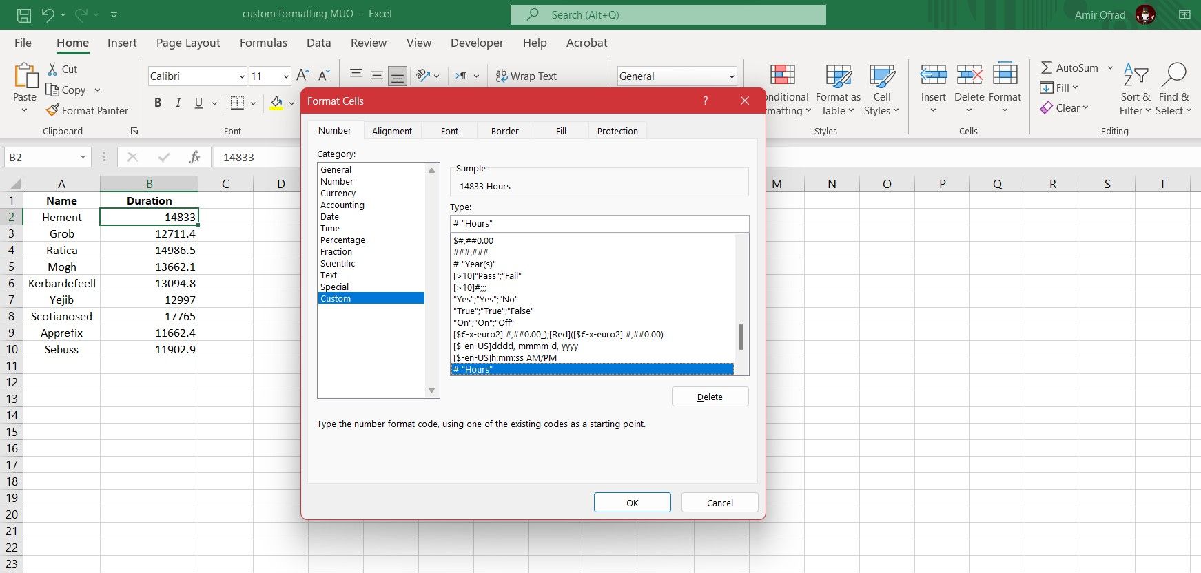 Formatting window in Excel