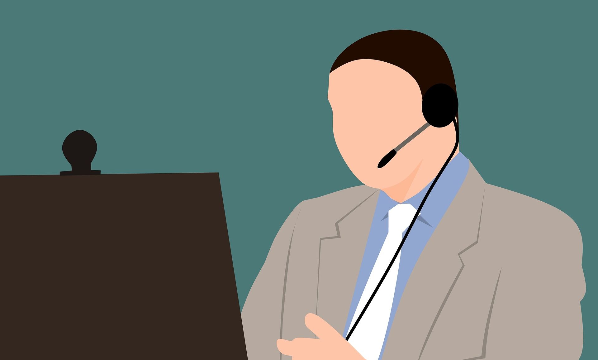 graphic of a person using a headset on a computer