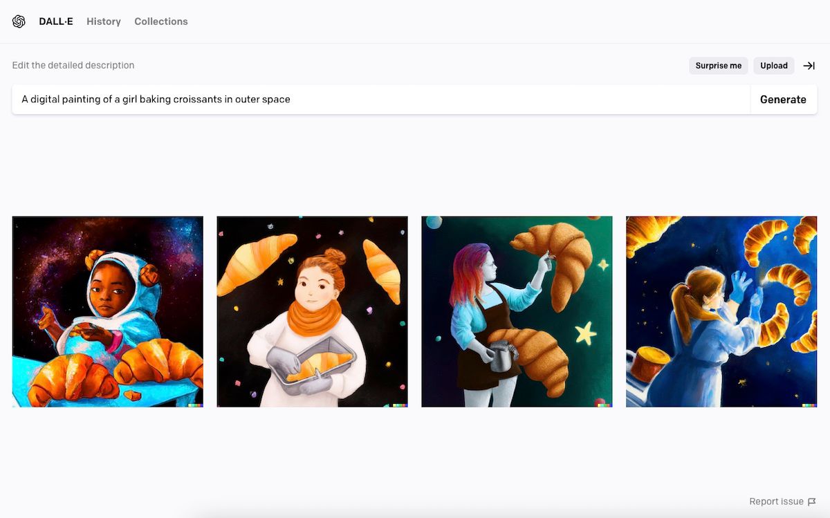 Quatre images différentes générées par l'IA d'une fille faisant des croissants dans l'espace avec Dall-e.