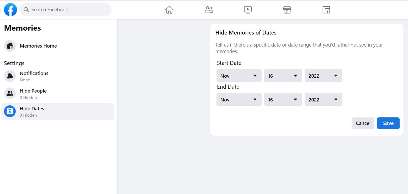 Screenshot Kenangan di Facebook menyembunyikan rentang tanggal