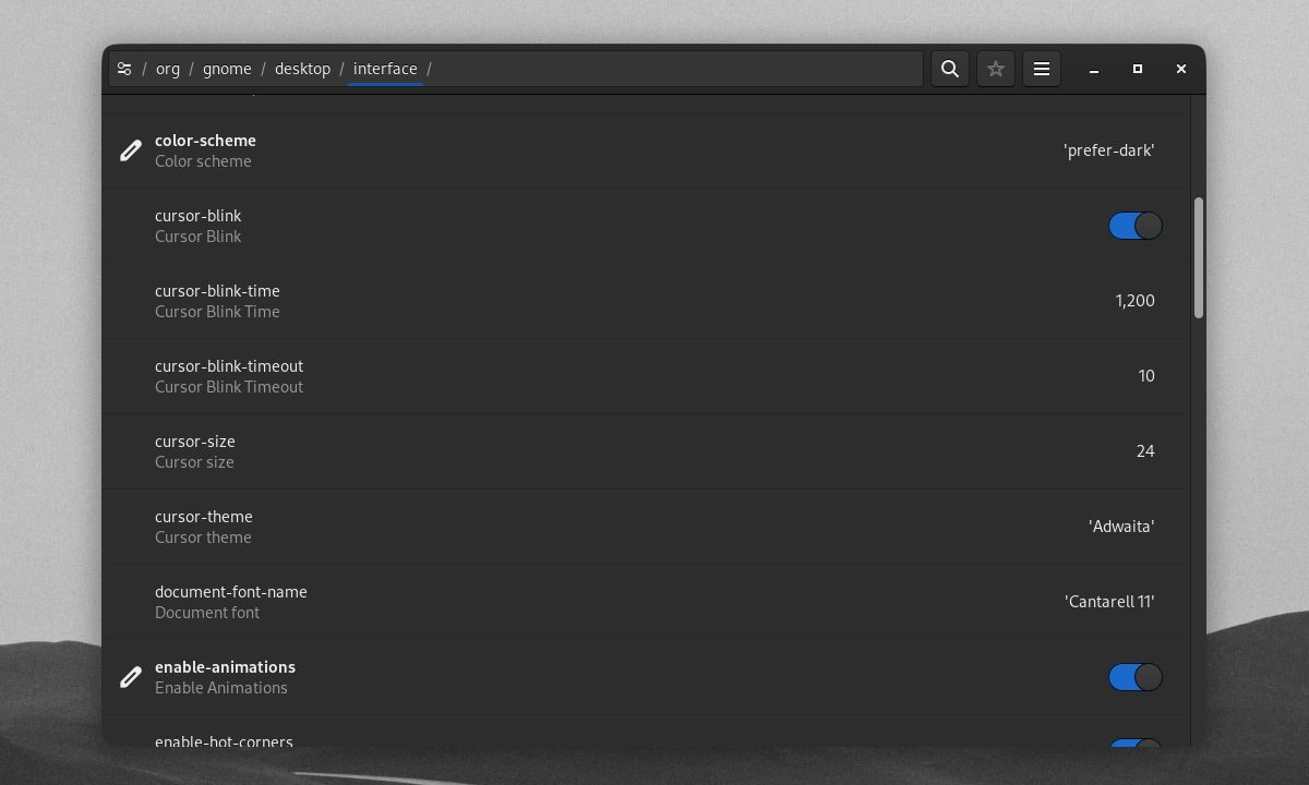 Dconf Editor interface settings window