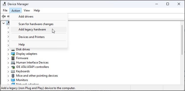 device manager action add legacy hardware