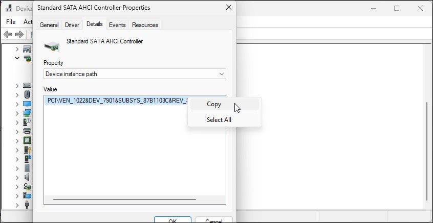 device manager standard sata ahci controller copy driver instance path