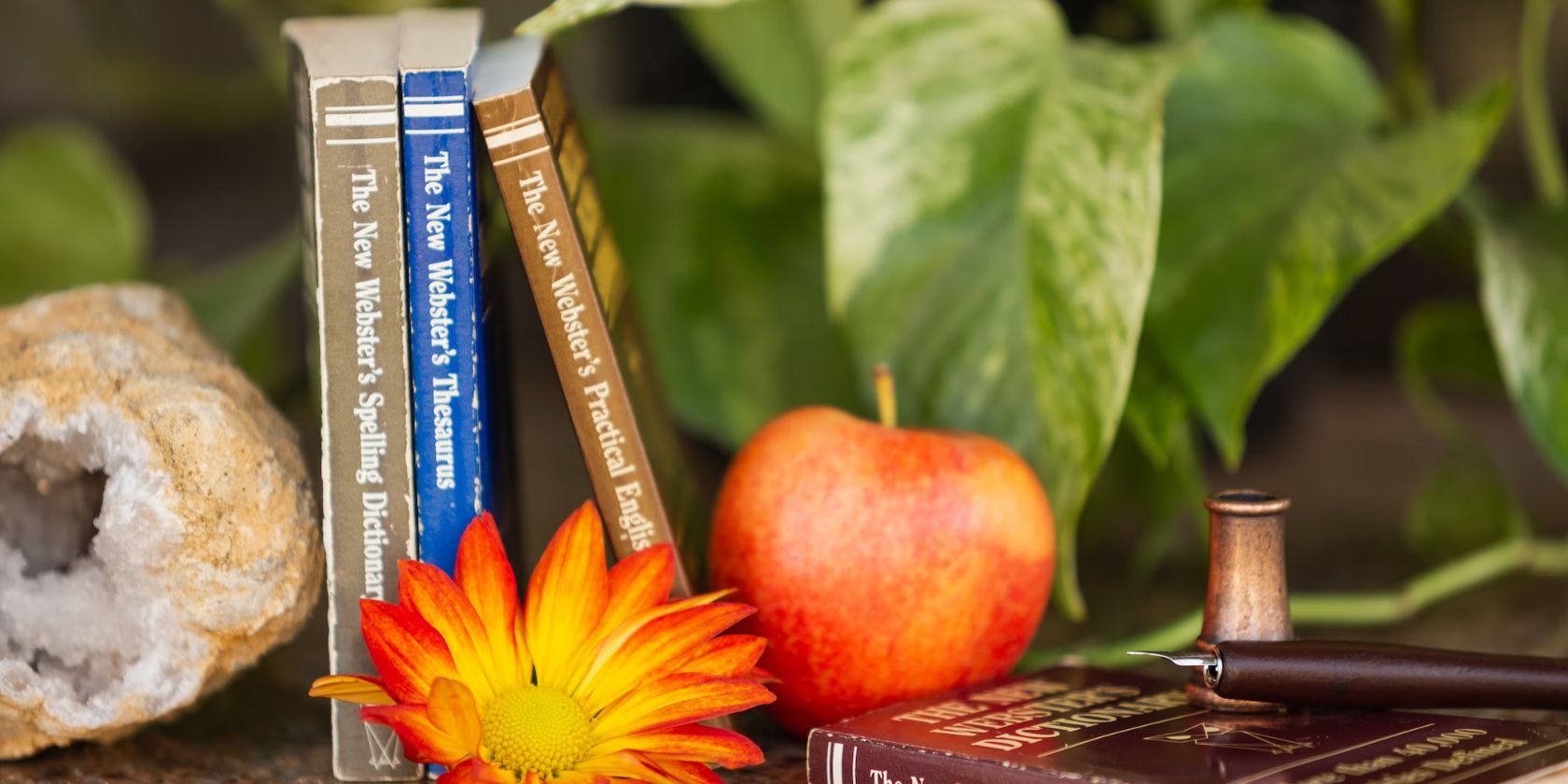 dictionary and thesaurus standing up on a table