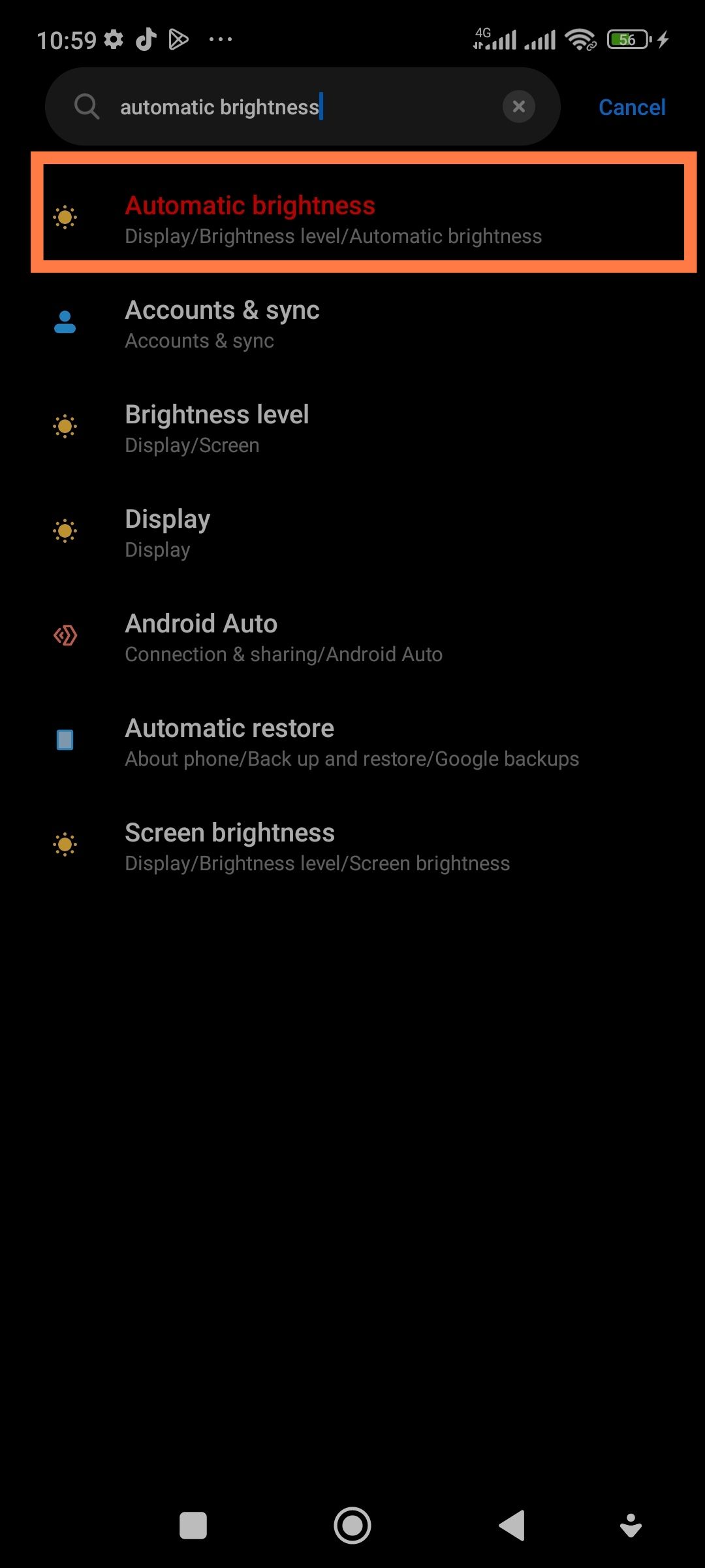 searching for automatic brightness on android settings menu
