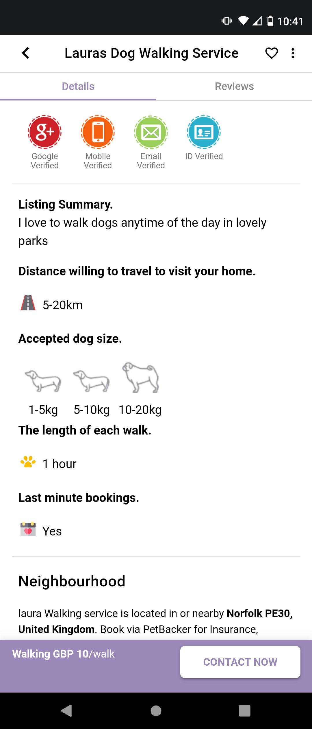 Dog Walking Service Profile on PetBacker Android App