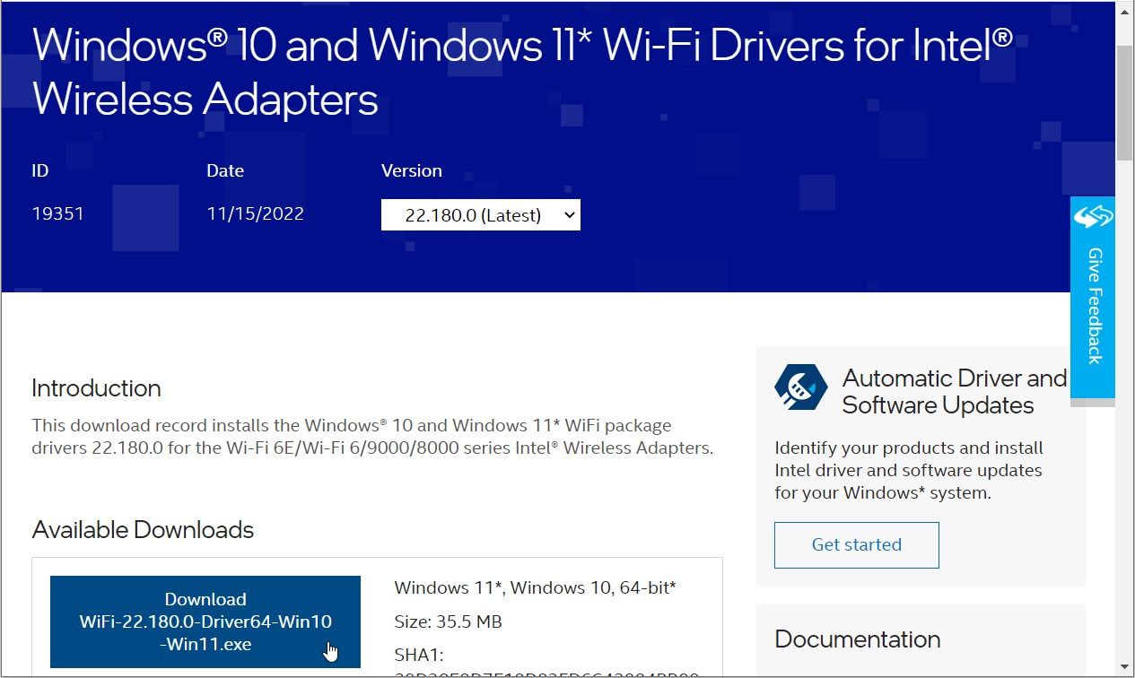 Downloading the Wi-Fi drivers from the Intel website