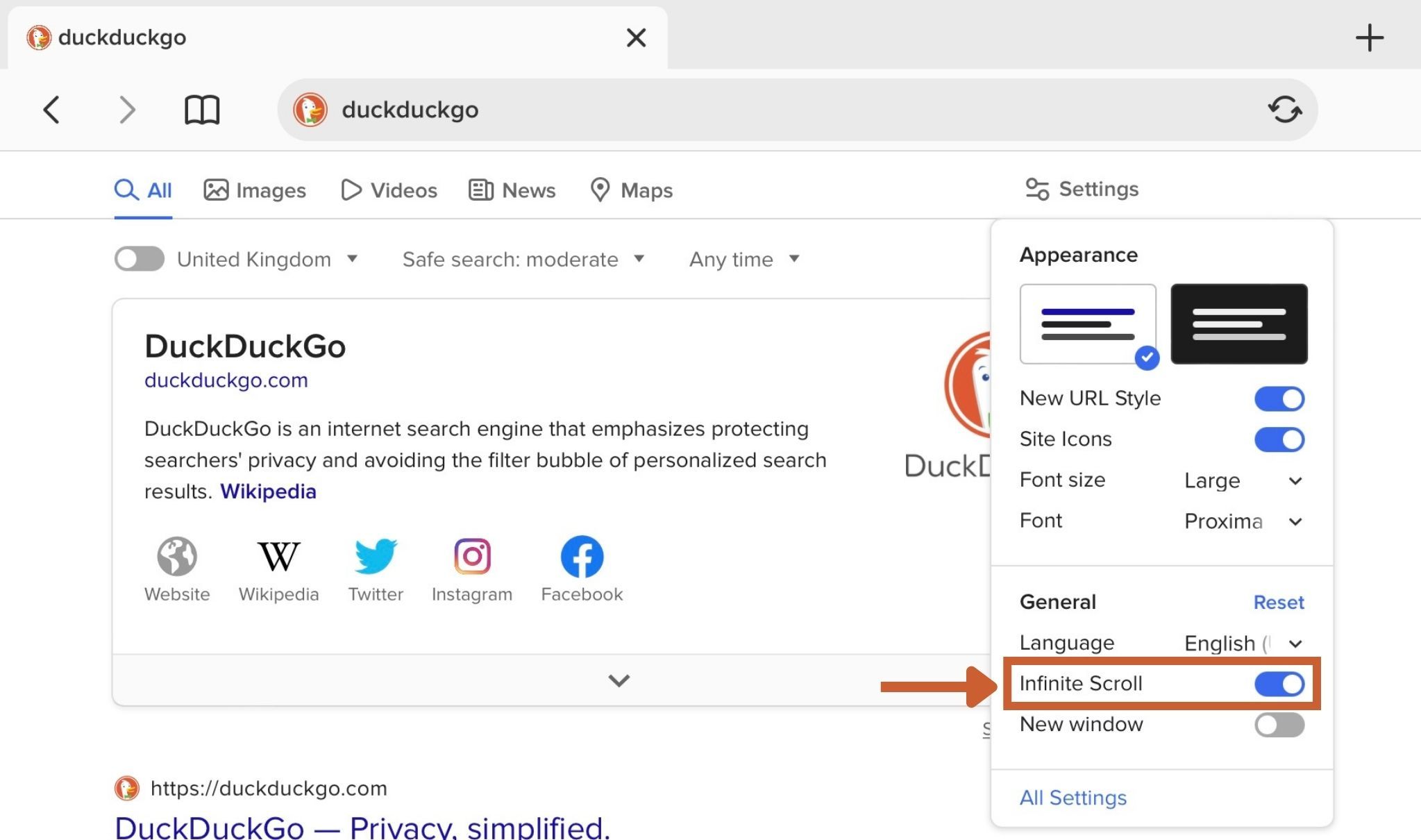 DuckDuckGo Endless Scroll with arrow showing how to toggle the feature